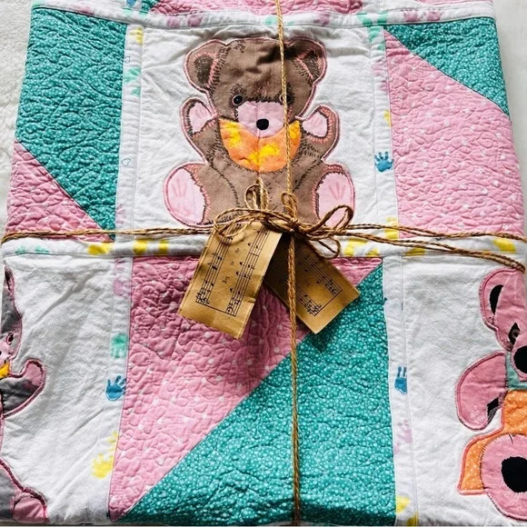 44”x54” Homemade Kids Cotton Quilt, Teddy BearQuilt Blanket.